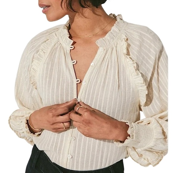 CLEOBELLA Ari Ruffle Lurex Stripe Blouse Cream Button Up Romantic Boho Femme - Picture 2 of 12